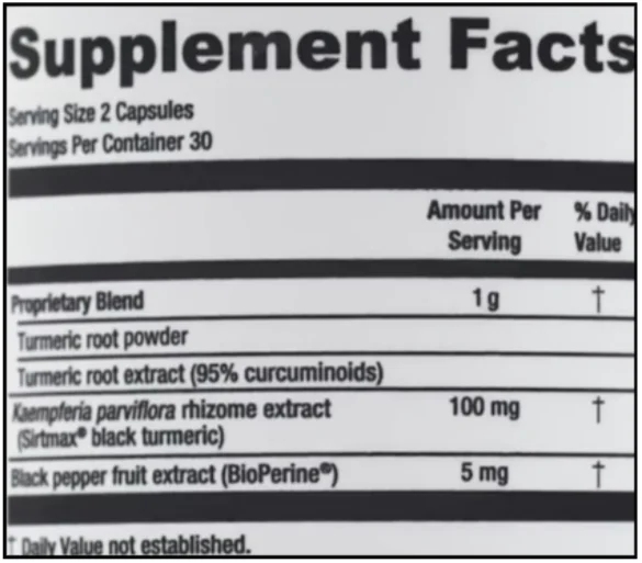 Sculpt Nation Turmeric Black Supplement Facts